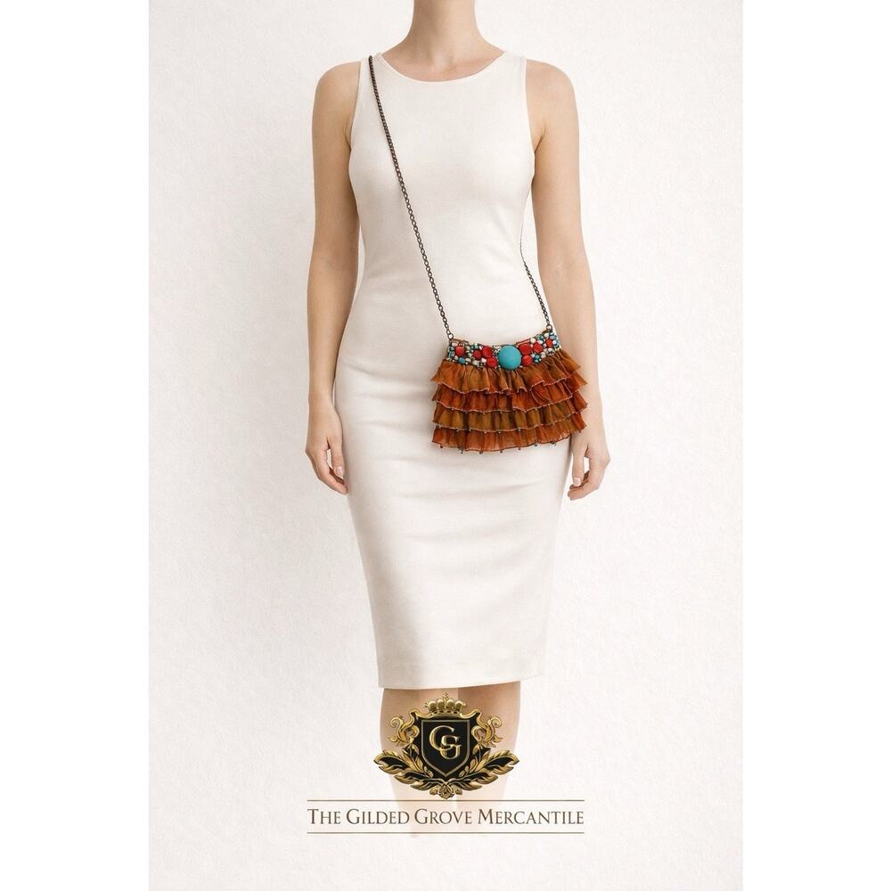 Vintage Mary Frances Shoulder Bag Purse Beaded Ruffled Silk Chain Handle 90s